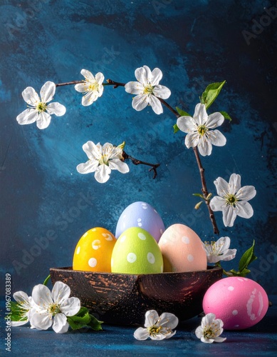 Happy Easter greeting Card with copy space. Colorful easter eggs with spring flowers on dark blue background