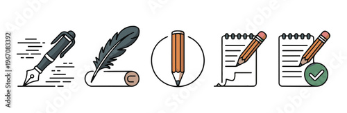 Collection of stylized icons representing writing and creation tools with pen quill pencil and notepad.