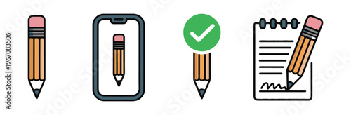 Colorful icons of pencils and writing tools on notepad and mobile phone for digital notes.