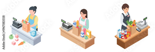 Illustrations of grocery store employees assisting customers at checkout counters with shopping bags and fresh produce