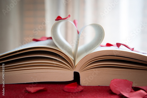 Libro aperto con pagine piegate che formano un cuore e petali di rosa rossa