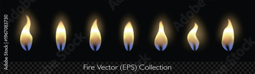 Small realistic fire set, like candle fire, match fire, lighter fire or fire from another small ignition source, vector (EPS), editable illustration on transparent background