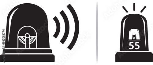 A black and white vector graphic featuring two icons of emergency sirens: one depicting a rotating light with signal waves, and the other a static beacon light labeled with the number 55.