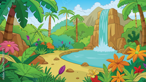 Colorful Tropical Jungle Waterfall Landscape with Palm Trees and Exotic Flowers Illustration