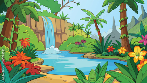 Tropical Rainforest Waterfall Scene with Lush Green Jungle and Colorful Flowers Illustration