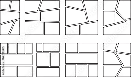 Vertical storyboard layout with a sequence of blank manga frames for action scenes. Professional comic book grid template for magazine covers, portfolio presentations, and story planning.