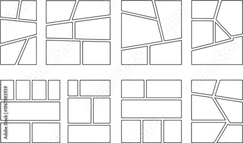 Vertical storyboard layout with a sequence of blank manga frames for action scenes. Professional comic book grid template for magazine covers, portfolio presentations, and story planning.