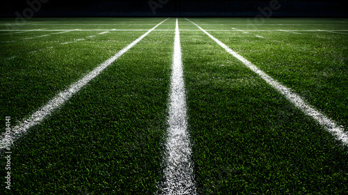 Football field with freshly painted lines ready for game, showcasing vibrant green grass and clear white markings under bright lighting