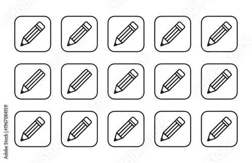 Collection of fifteen square icons with outline pencil drawings for educational or writing purposes.