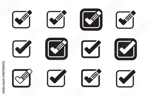 Collection of twelve black and white square icons depicting check marks or tick marks for validation or confirmation.