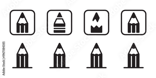 Minimalist pencil tip icon collection showing various lead styles and sharpenings for creative drawing tools.