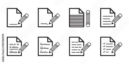 Collection of paper document icons with pencils showing different writing styles and list formats for business.