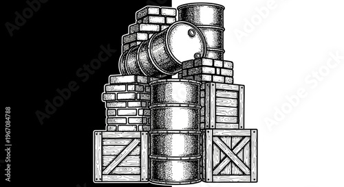 A pile of industrial barrels and crates.