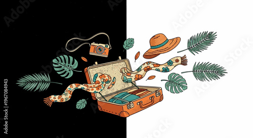 Vibrant travel items and accessories spilling out.