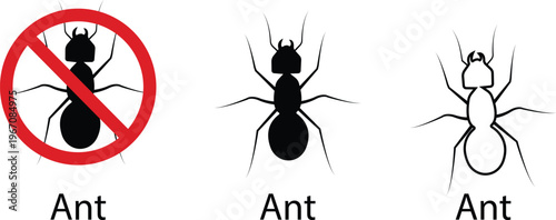 Ant vector set collection group with insect bug pest icons, colony worker ant symbol silhouette outline minimal isolated editable design simple modern style