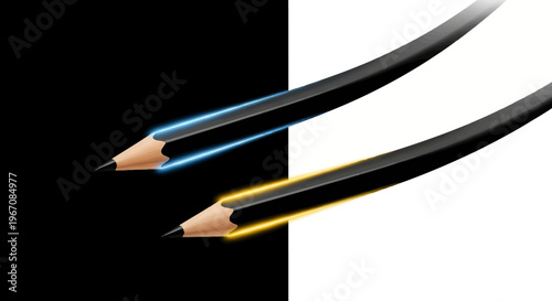 Two pencils with colored tips on black and white background.