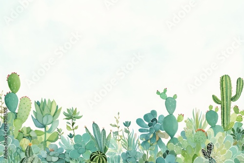 Watercolor cactus and succulent border on white background. Botanical garden illustration with many desert plant species. Natural organic frame for nature design and greeting card.