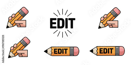 Set of pencil icons and edit symbol for graphic design and web development purposes.