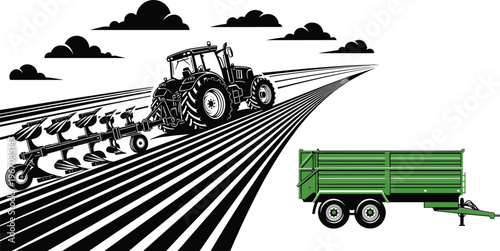 Agriculture vector illustration with tractor plowing field and farm trailer wagon isolated farming machinery design elements