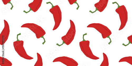 Seamless pattern with red chili peppers on light background. Bright spicy food illustration. For kitchen textiles, packaging, menus and bold culinary designs.