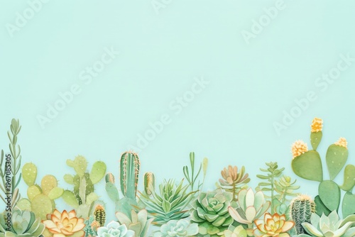 Watercolor illustration of various succulents and cactus plants arranged at the bottom on a mint green background. Botanical art border with copy space for text. Flat lay plant design.