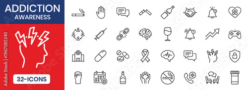 Addiction Awareness Thin Line Icon Set Smoking Alcohol Prevention