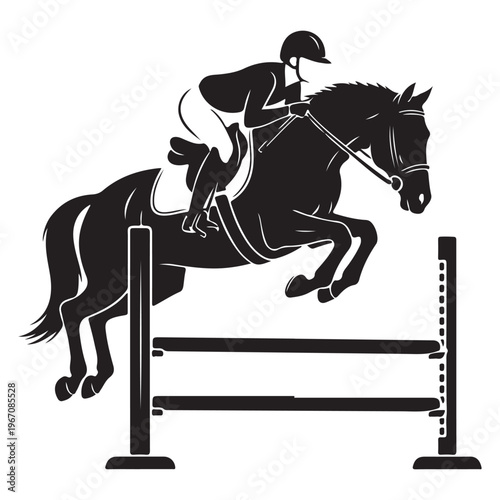 Dynamic Silhouette of Equestrian Horse and Rider Jumping Over an Obstacle