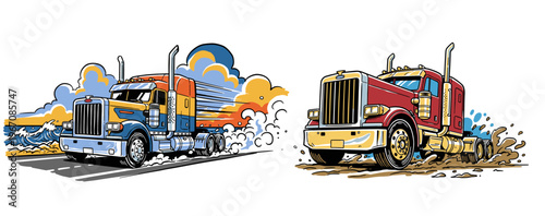 Semi truck illustration for t shirt. American big rig design. Offroad and beach highway. Heavy hauler artwork. Trucking lifestyle graphic.