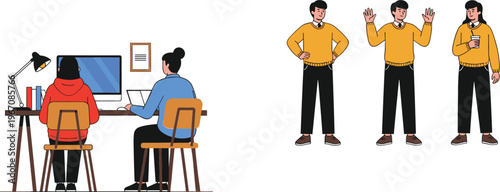 Vector illustration set with office coworkers working at computer desk and male character gestures showing different poses