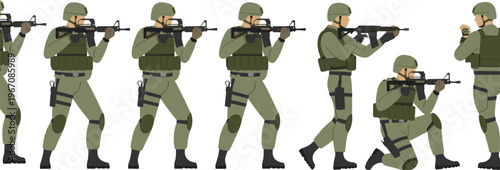 Soldier combat stance illustration, military tactical artwork, armed forces vector, defense training graphic, warfare maneuver concept, battle position diagram