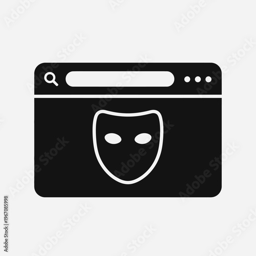 A black and white illustration of a web browser window displaying an anonymous mask icon, symbolizing incognito mode or online privacy.