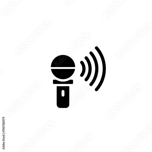 Black microphone icon with sound waves, representing audio recording or voice activation.