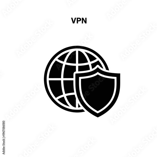 Black and white icon representing a Virtual Private Network (VPN) with a globe and a shield symbol, signifying internet security and privacy.