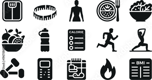 Set of health fitness and nutrition lifestyle icons isolated on transparent background
