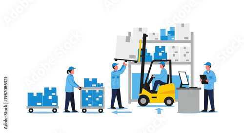 Warehouse workers and forklift moving boxes and packages.