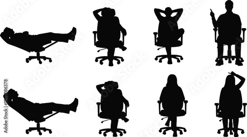 Black silhouette set of business people sitting in office chairs relaxing reclining and working representing corporate culture employee wellness comfort and professional workspace productivity