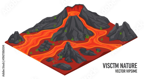Volcano erupting with lava flowing down its sides.