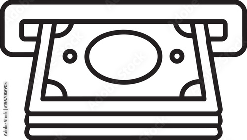 Thick bundle stack of cash money dispensing from atm slot linear icon outline stroke vector illustration