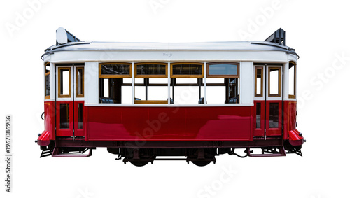Classic vintage red and white tram, an iconic public transport vehicle, beautifully isolated for historical travel and urban design projects PNG