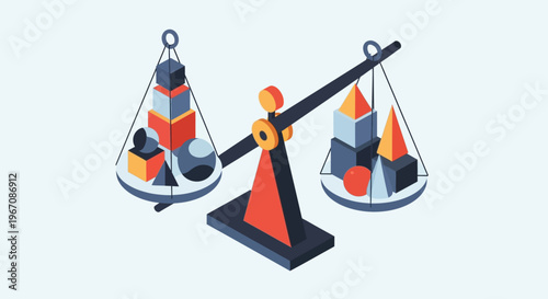 Balance scale with colorful geometric blocks on both sides.