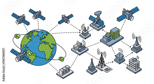 Global Satellite Communication Network Connecting Earth and Buildings.