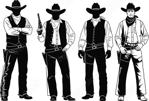 Cowboy silhouettes collection, western outlaw characters, gunslinger poses, vintage wild west illustration, black vector design, isolated background, american frontier style