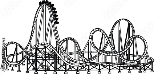 Detailed black and white illustration of roller coaster with loops, steep drops, and curved tracks, representing amusement park ride, thrilling motion artwork, and dynamic engineering design concept