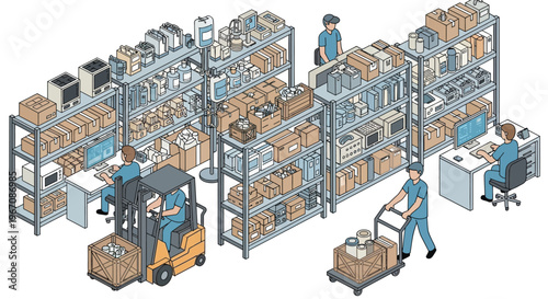 Warehouse workers organizing inventory and packages with forklift and cart.