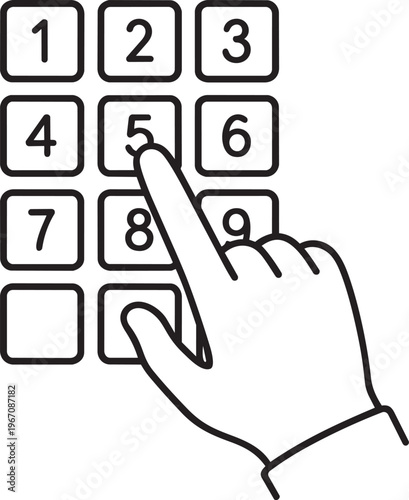 Human hand finger pressing numeric keypad to enter pin code linear icon outline stroke vector graphic