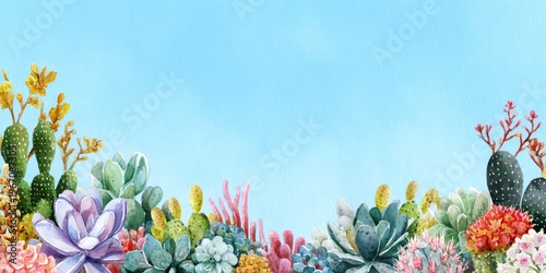 Multiple watercolor succulents with space at the top. Vibrant botanical composition featuring desert plants. Hand painted illustration for nature greeting card or tropical floral design.