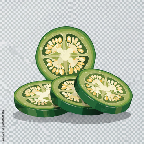 Fresh sliced green jalapeno peppers isolated on a transparent background