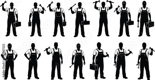 Construction worker silhouettes set with tools mechanic builder handyman poses vector illustration industrial labor characters black isolated design
