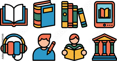 Colorful educational icons representing learning and knowledge resources