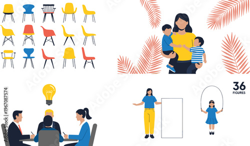 Vector illustration set with modern chair furniture icons, mother with children family scene, business meeting team, and girl jumping rope exercise